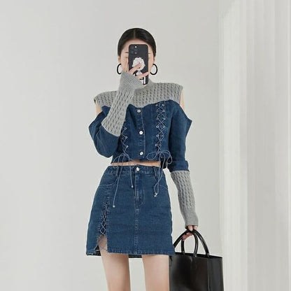 スタイルアップ効果抜群 デニム 高見えデザイン トップスⅹミニスカートセットアップE-9160