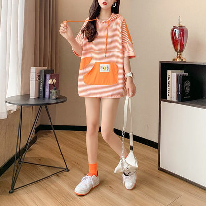 スタイルアップ効果抜群 ストライプ柄 アバンギャルド 切り替え レース プリント全2色 半袖TシャツE-9111