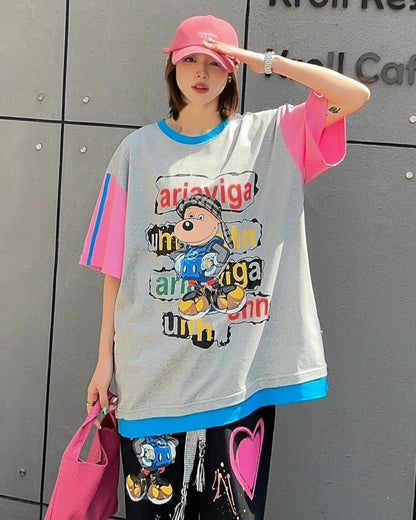 話題沸騰中 カジュアル  ゆったり プリント カラーマッチング 半袖Tシャツ＜ins-8067＞