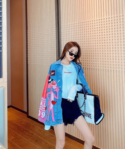 人気爆発中 ピンク プリント スパンコール 切り替え デニムジャケットiEf-4039