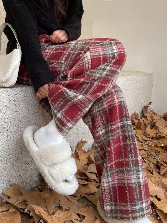 着回し力抜群 チェック柄 おしゃれ度高め 3色選択 ウールワイドレッグパンツ E-9757