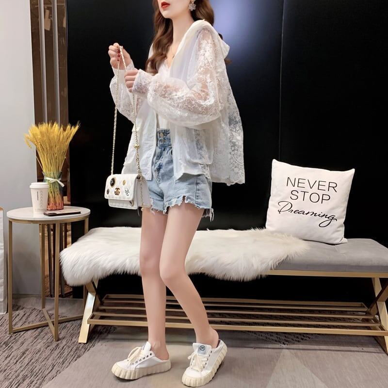 透け感 UVカット  UV対策 長袖レース刺繍シャツ　iEf-1716