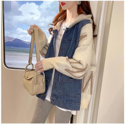 新作デニム切り替えニットフード付きパーカートップス全3色E-4321