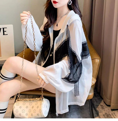 超人気 レース おしゃれ度高め 切り替え 日焼け対策 全2色 パーカー コートE-9143