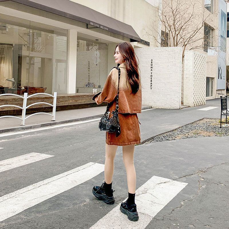 絶対欲しい グラデーション デザイン性抜群 デニム トップスⅹミニスカートセットアップE-9159