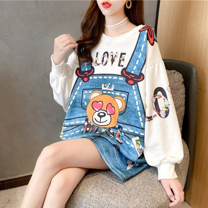 着心地抜群 女性力を高める ラウンドネック カートゥーンプリント スウェット パーカーiEf-2923