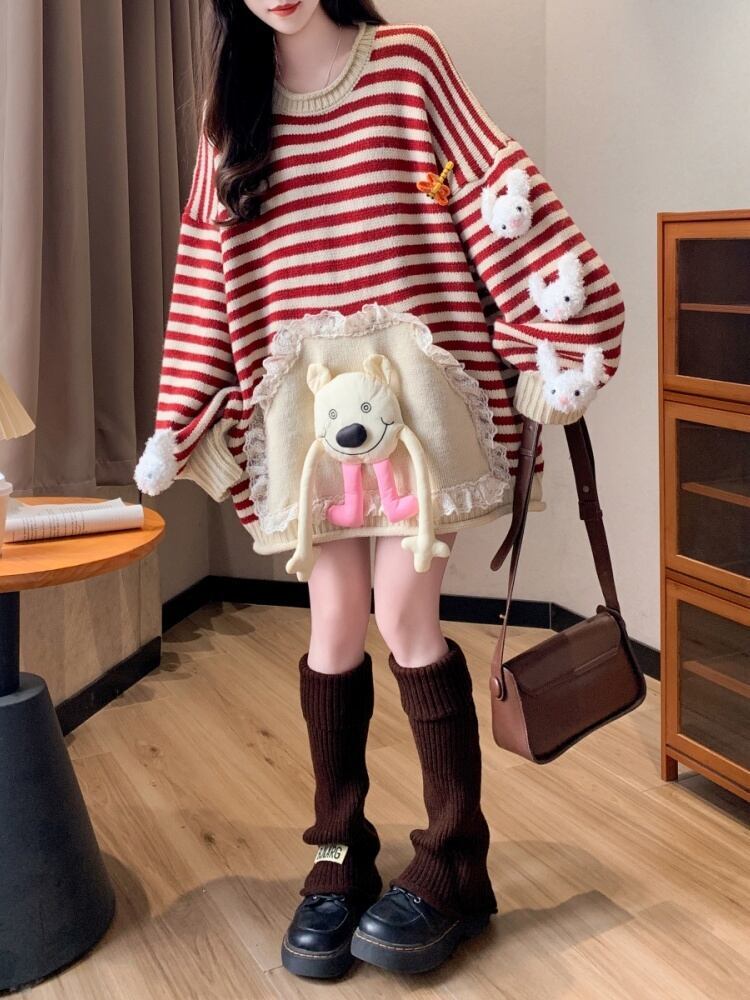 スタイルアップ効果抜群 ストライプ柄 個性的なデザイン 2色選択ニットトップスE-10585