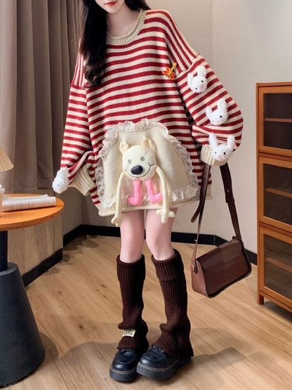 スタイルアップ効果抜群 ストライプ柄 個性的なデザイン 2色選択ニットトップスE-10585