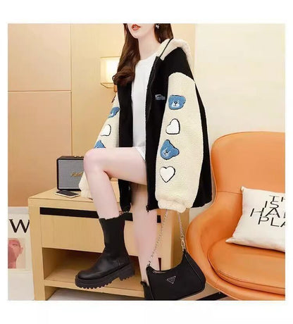 売り切れ必至 カジュアル 快適トップス 刺繍 切り替え 2色選択 ラムフリース コート ボアジャケットE-9766