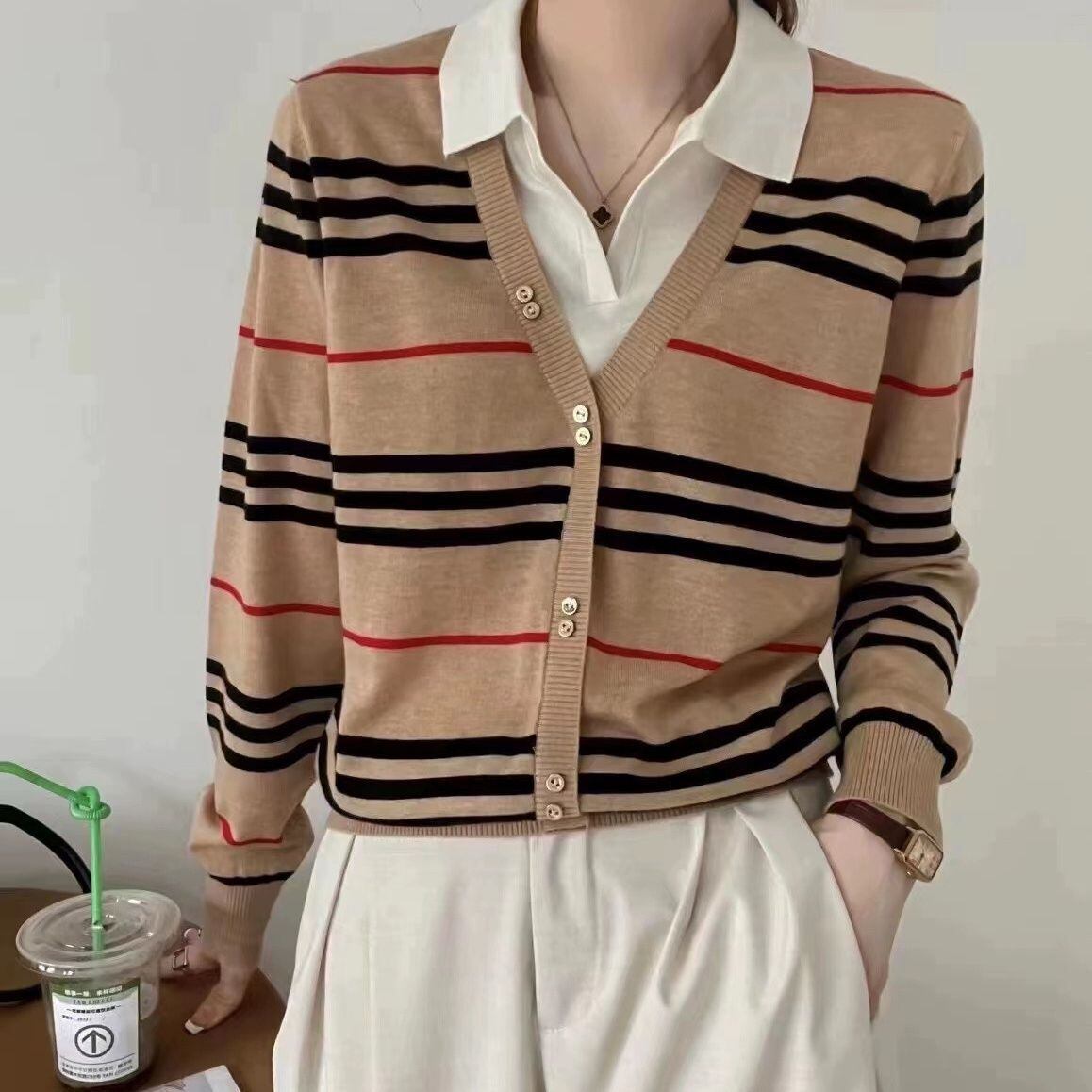 早い者勝ち 定番シンプル 好感度UP レイヤード風 ストライプ柄 2色選択 ニットトップスE-9575