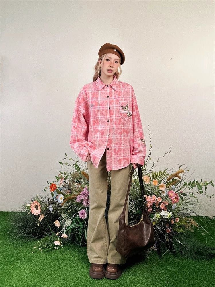 アクティブも綺麗も叶う 刺繍 カジュアル チェック柄 全2色 カップル シャツ E-9166