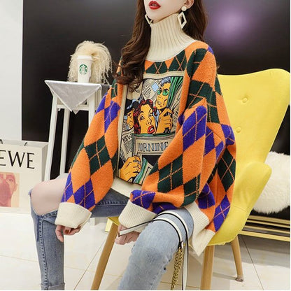 超人気配色チェック柄グラフィックロゴニットセーターハイネック3色ありE-4328