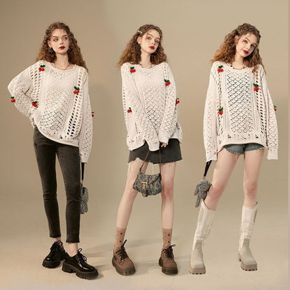 話題沸騰中 キュート 美人度アップ おしゃれ度高め 透かし彫り ニットトップスE-9154