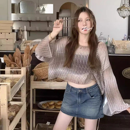 韓国風ファッション 透かし彫り 柔らかくて優しい印象 ニットトップスE-9153