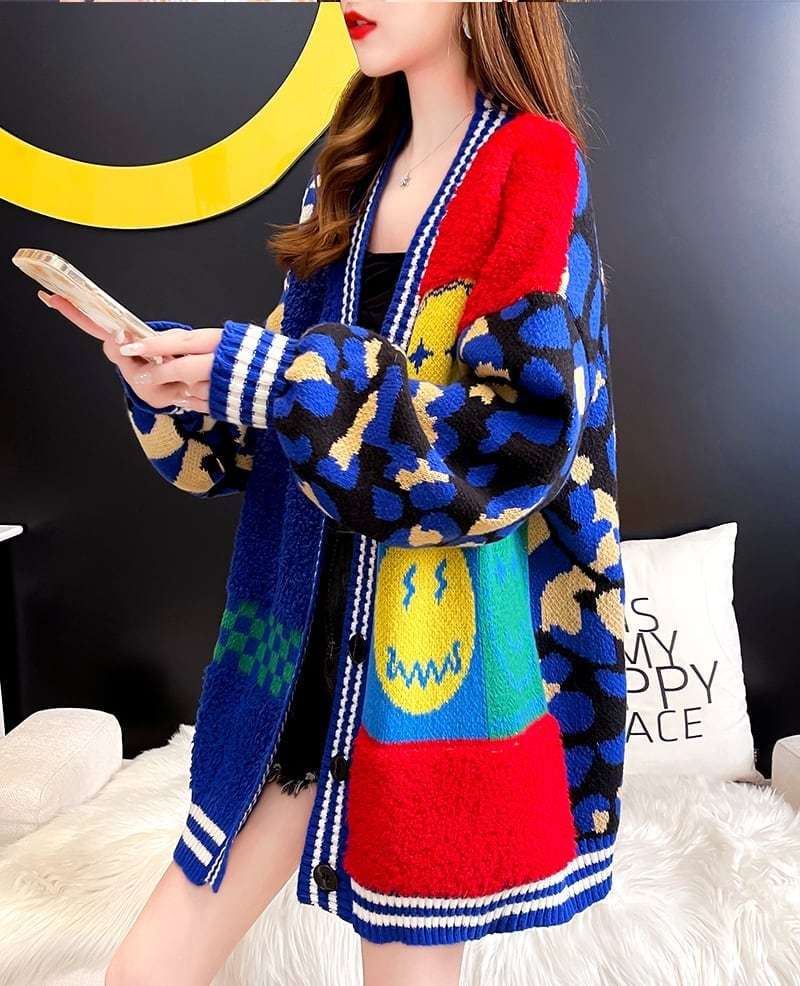 早い者勝ちスマイルマーク   ニットカーディガン三色ありE-4059