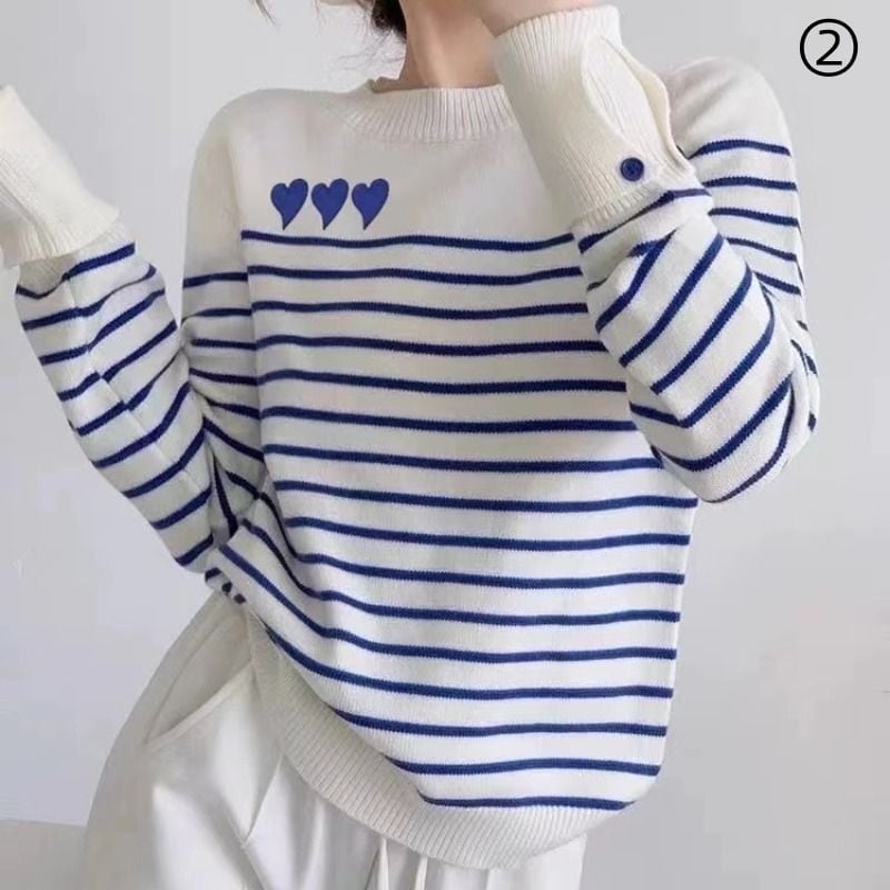都市ファッショ デザイン オシャレ 気質アップ ストライプ柄 ニットトップスE-9661