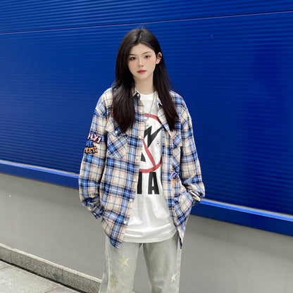 存在感抜群 カジュアル トレンドアイテム チェック柄 刺繍 全2色 シャツ E-9163