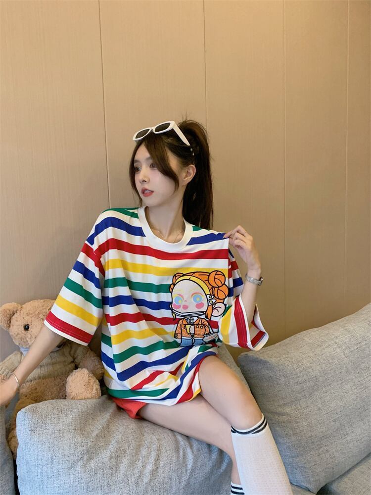 売り切れ必至 トレンドアイテム 存在感抜群 ストライプ柄 半袖TシャツE-9270