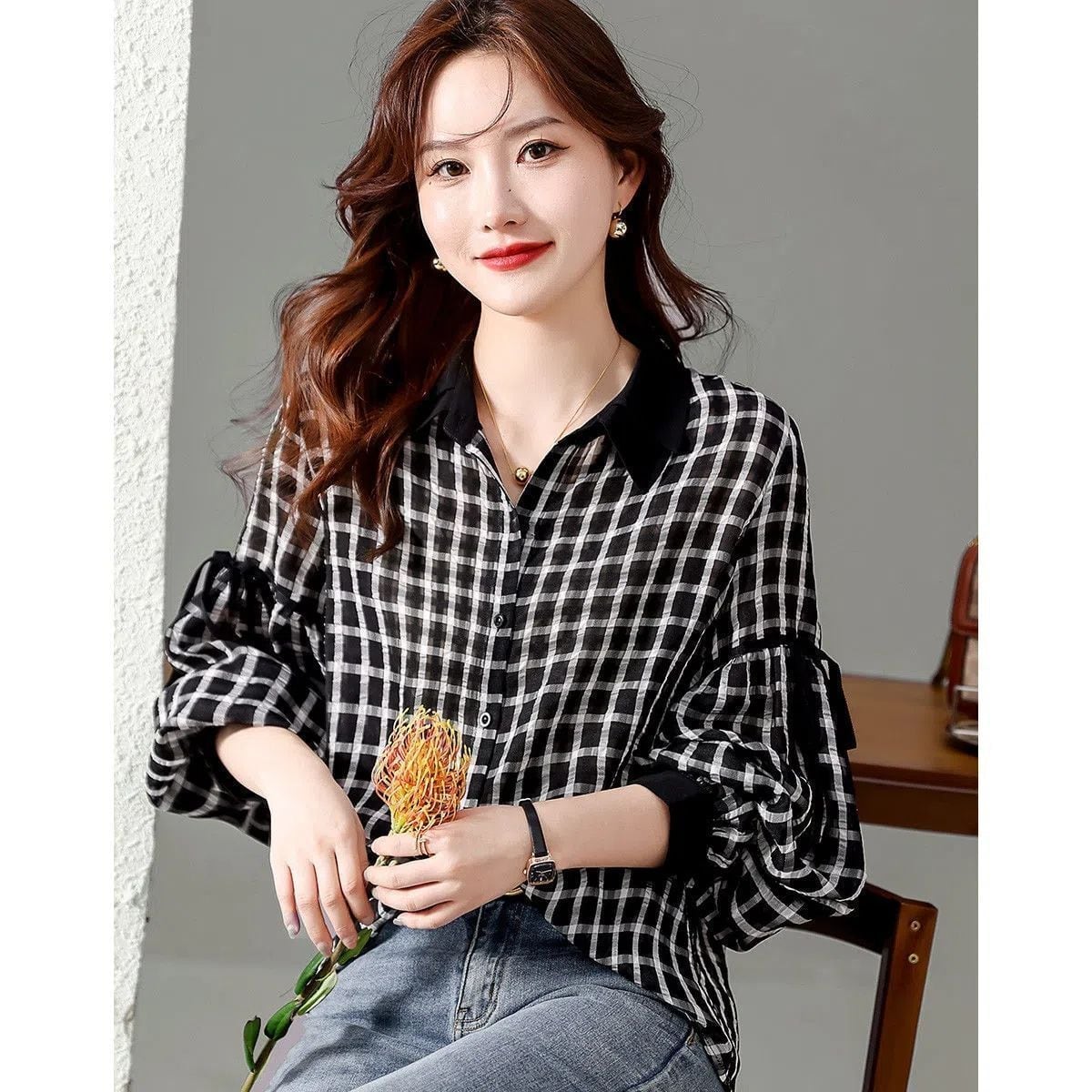 都市ファッショ デザイン オシャレ エレガント チェック柄 切り替え シャツ E-9306