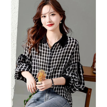 都市ファッショ デザイン オシャレ エレガント チェック柄 切り替え シャツ E-9306