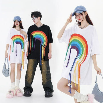 好感度UP 虹ロゴ タッセル ゆったり Tシャツ 全2色 ユニセックス半袖E-4863