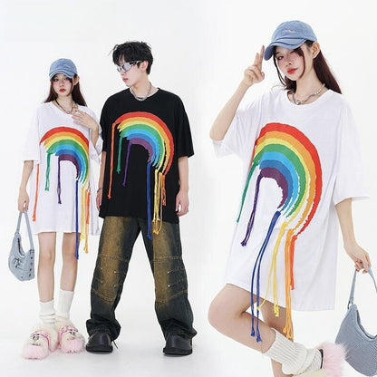 好感度UP 虹ロゴ タッセル ゆったり Tシャツ 全2色 ユニセックス半袖E-4863