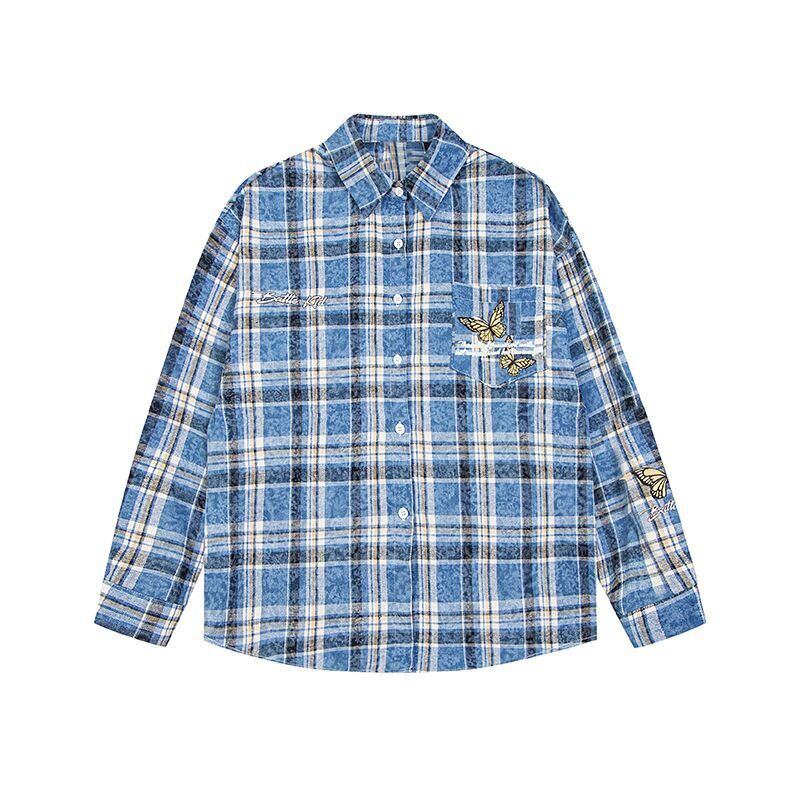 アクティブも綺麗も叶う 刺繍 カジュアル チェック柄 全2色 カップル シャツ E-9166