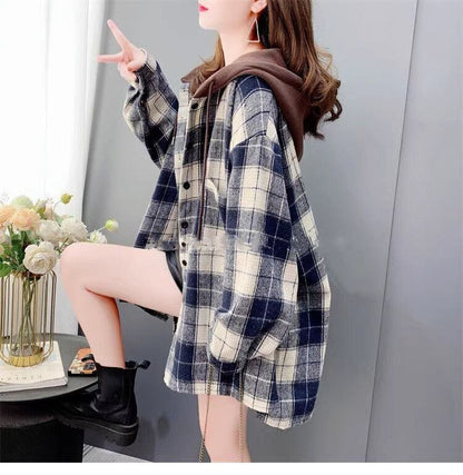 【裏起毛】好感度UP カジュアル 定番シンプル チェック柄 2色選択 プラスベルベット シャツ E-9685