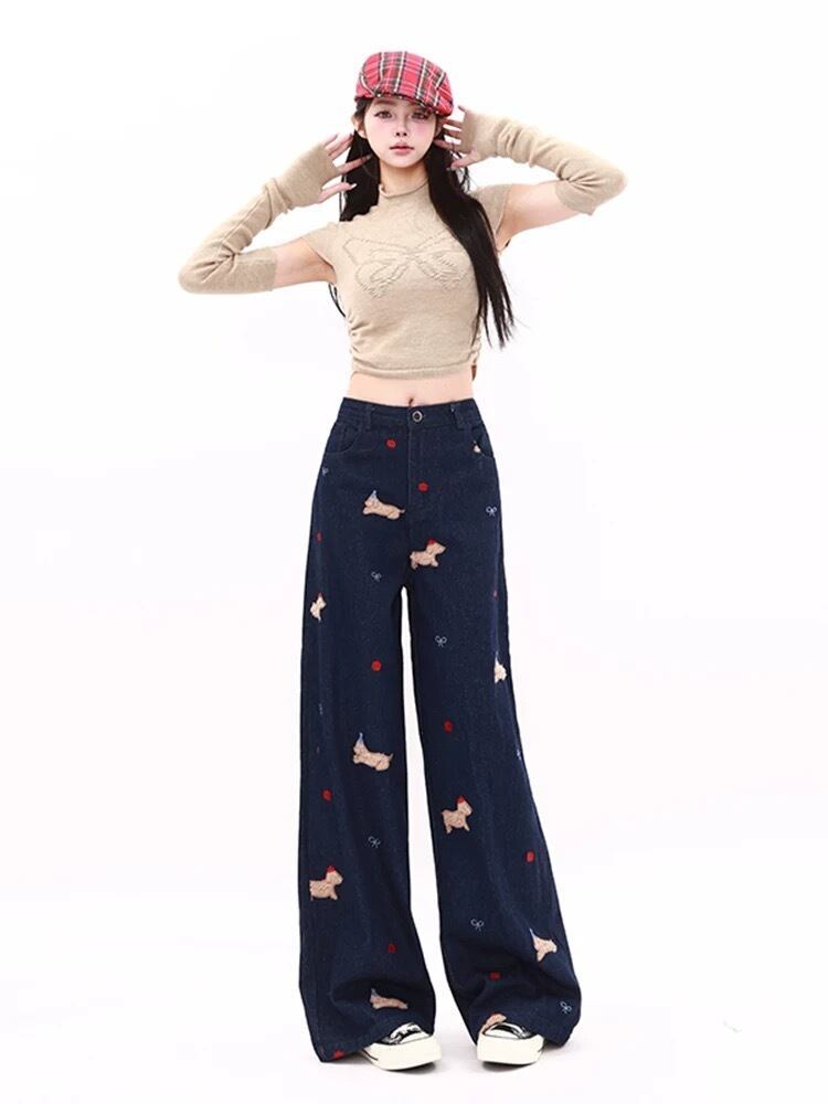 主役級の存在感！個性的なデザイン デニム 刺繍 ワイドパンツE-10604