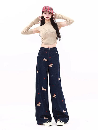 主役級の存在感！個性的なデザイン デニム 刺繍 ワイドパンツE-10604