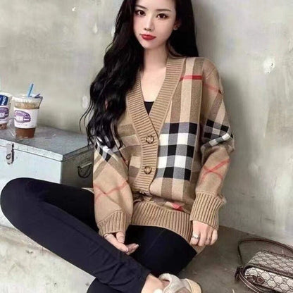 存在感抜群 ファッション感満々 トレンドアイテム おしゃれ度高め チェック柄 男女兼用 ニットトップスE-9808