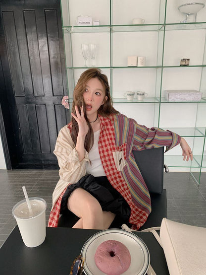 新商品 切り替え 個性的なデザイン チェック柄 ストライプ柄 シャツ E-9155