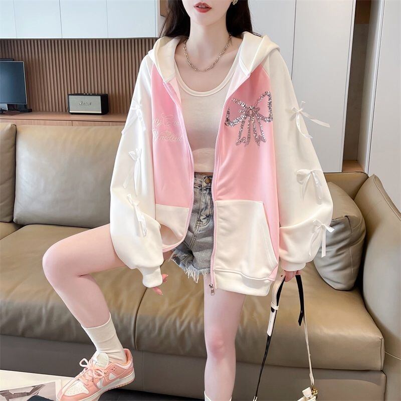 絶対流行 スウィート スタイルアップ スパンコール切り替え 2色選択 パーカー トレーナー レディース フード付き カーディガン E-9420