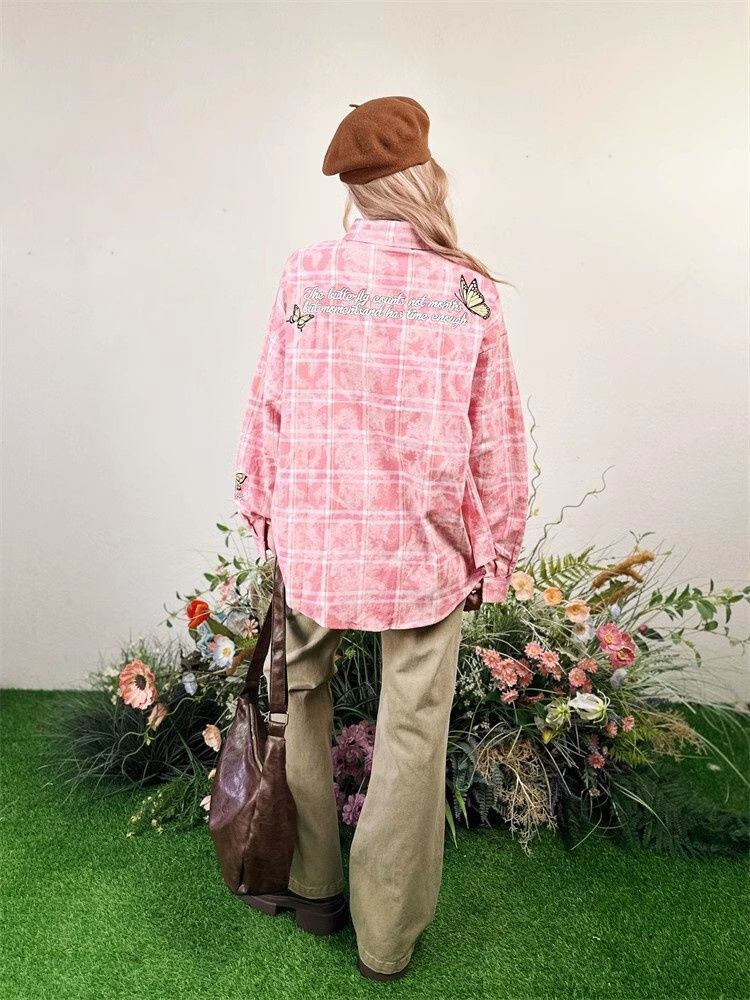 アクティブも綺麗も叶う 刺繍 カジュアル チェック柄 全2色 カップル シャツ E-9166