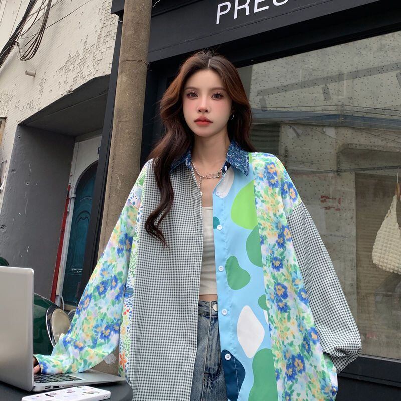 スタイルアップ効果抜群 切り替え カジュアル チェック柄 全2色 シャツ E-9177