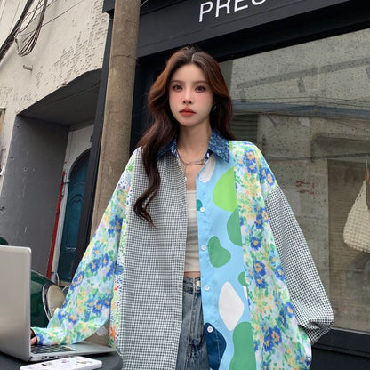 スタイルアップ効果抜群 切り替え カジュアル チェック柄 全2色 シャツ E-9177