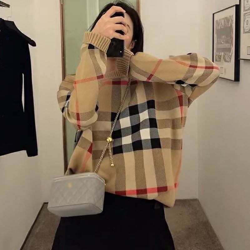 レトロ オシャレ度満点 ラウンドネック チェック柄 長袖  ニット セーターE-2530