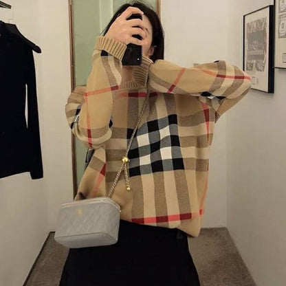 レトロ オシャレ度満点 ラウンドネック チェック柄 長袖  ニット セーターE-2530