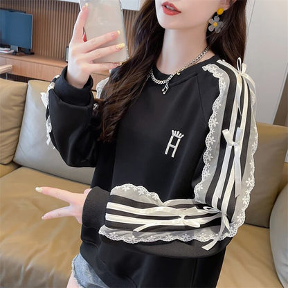 超人気 スウィート ファッション感満々 刺繍 切り替え 3色選択 スウェットE-9294