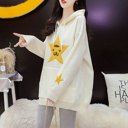 大人可愛い星柄ロゴゆったりフード付きニットパーカ全2色トップスE-4782