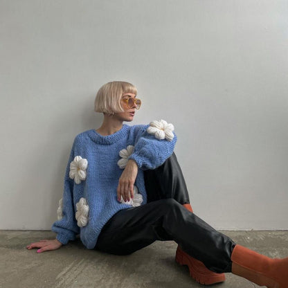 主役級の存在感！ 気質アップ 着回し力抜群 立体フラワー ニットトップスE-9994