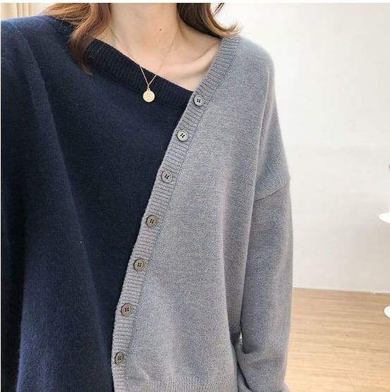 着回し力抜群 不規則 おしゃれ度高め イレギュラー 切り替え 2色選択 ニットトップスE-9462