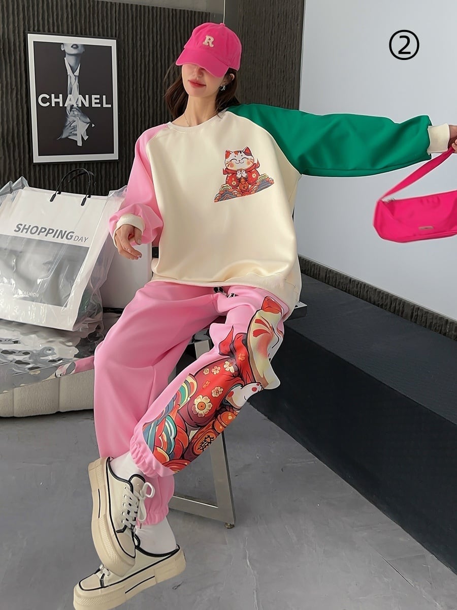 スタイルアップ効果抜群 4色選択 プリント パーカー＋ショートパンツ セットアップE-10456