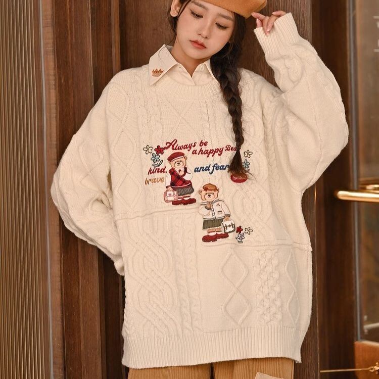 超人気 気質アップ 絶対欲しい Vネック 刺繍 切り替え2色選択 ニットトップスE-9577