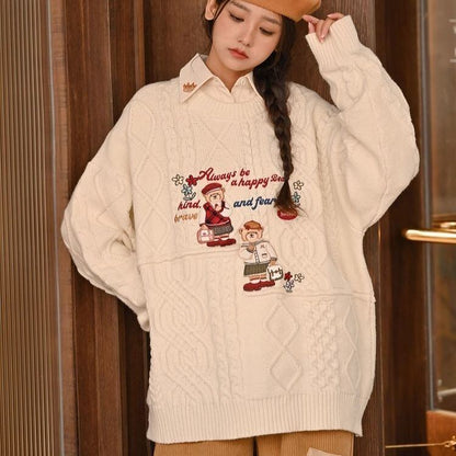 超人気 気質アップ 絶対欲しい Vネック 刺繍 切り替え2色選択 ニットトップスE-9577