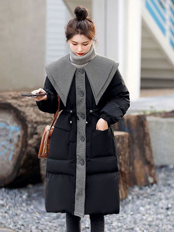 都市ファッショ デザイン オシャレ 切り替え 2色選択 ロングダウンジャケット E-9739