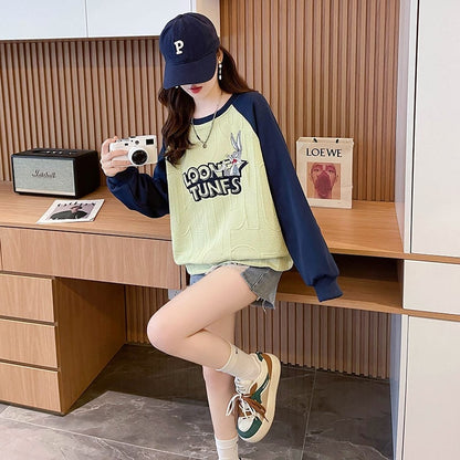 合わせやすい刺?ロゴゆったり厚手ラグランスリーブ   スウェット全2色E-4613