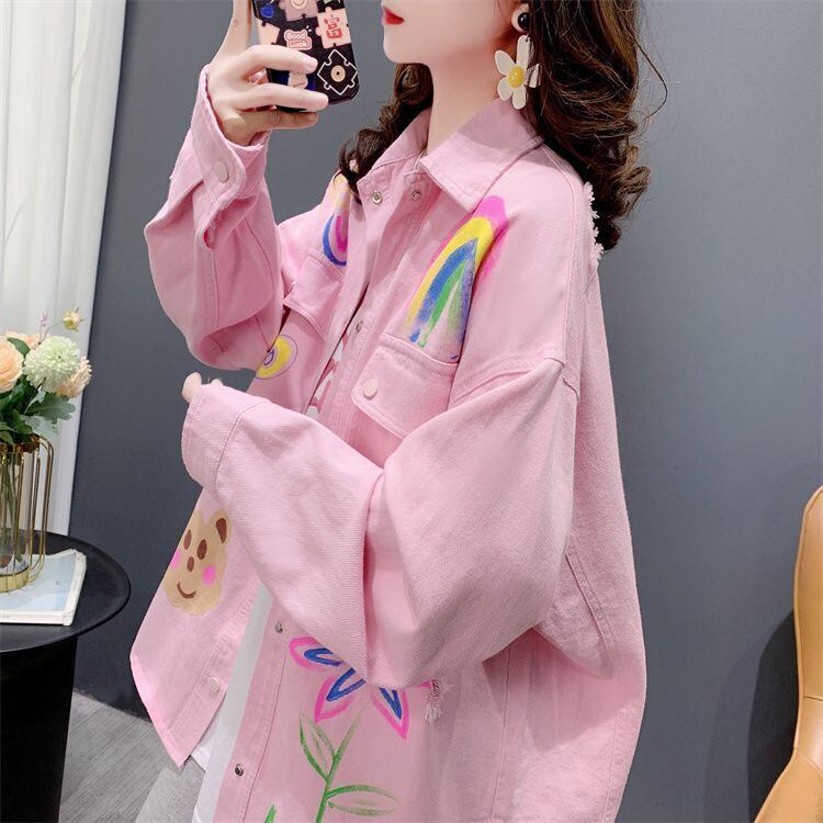 売り切れ必至 韓国風ファッション 上質 アバンギャルド プリント デニム Tシャツ E-9479