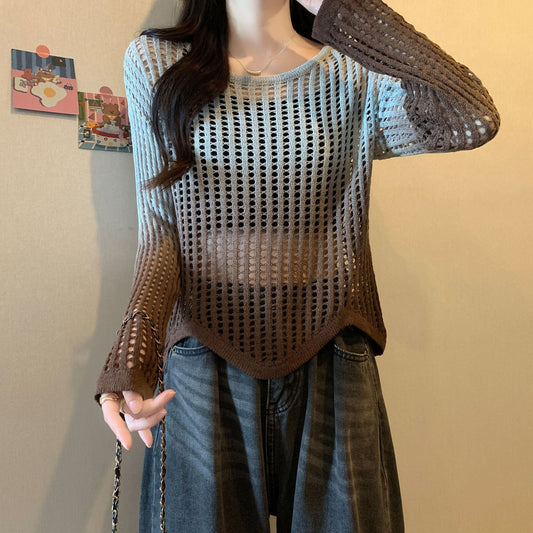 話題沸騰中 グラデーション おしゃれ度高め 透かし彫り ニットトップスE-9557