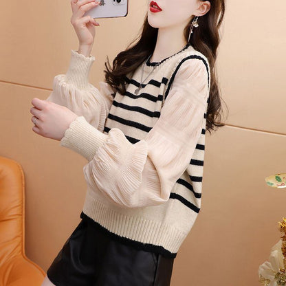 絶対流行 おしゃれ度高め 早い者勝ち シフォン 切り替え 全2色 ニットトップスE-9563